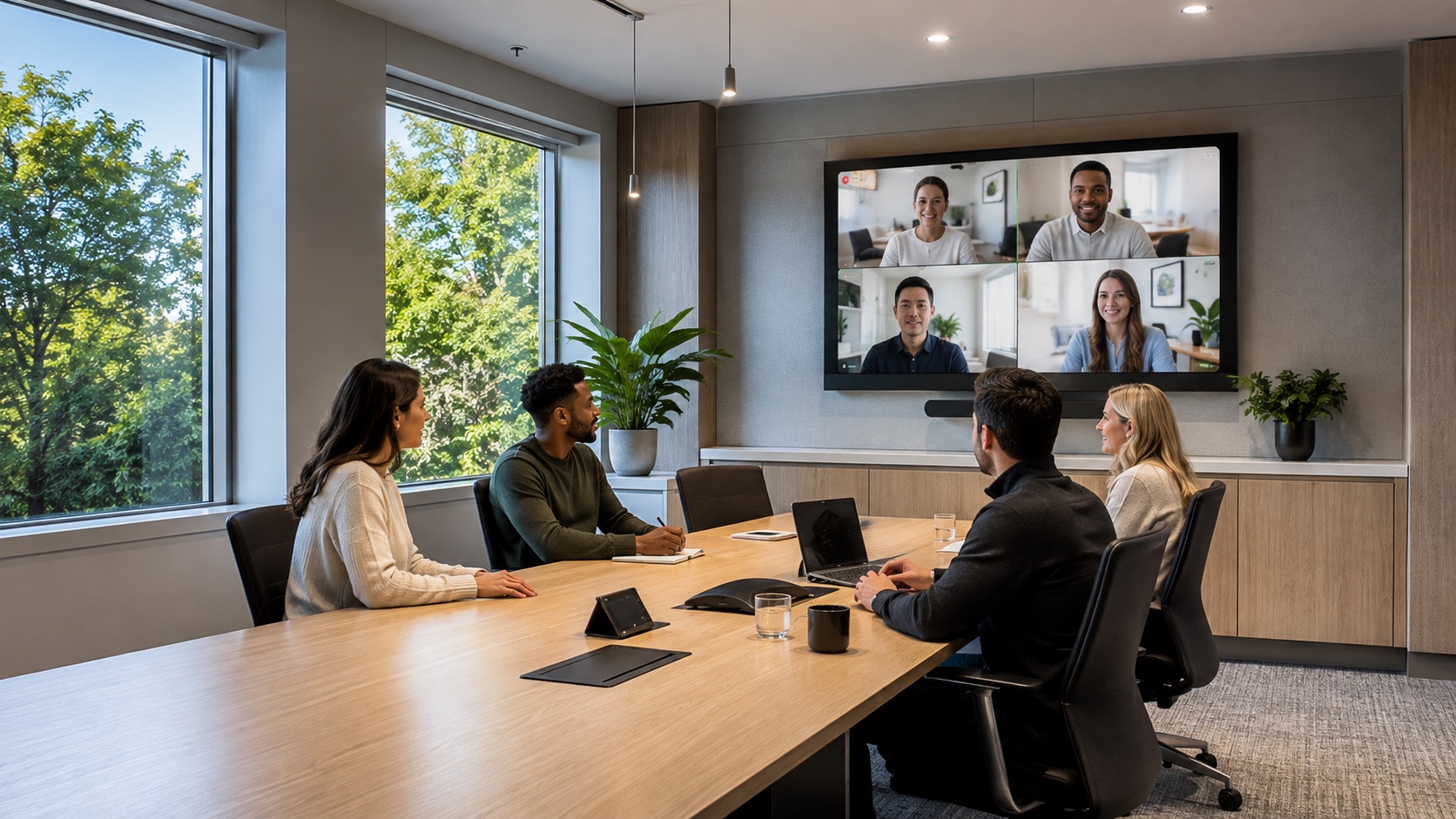 Colleagues in a conference room on a video call, with remote teammates on the wall display.