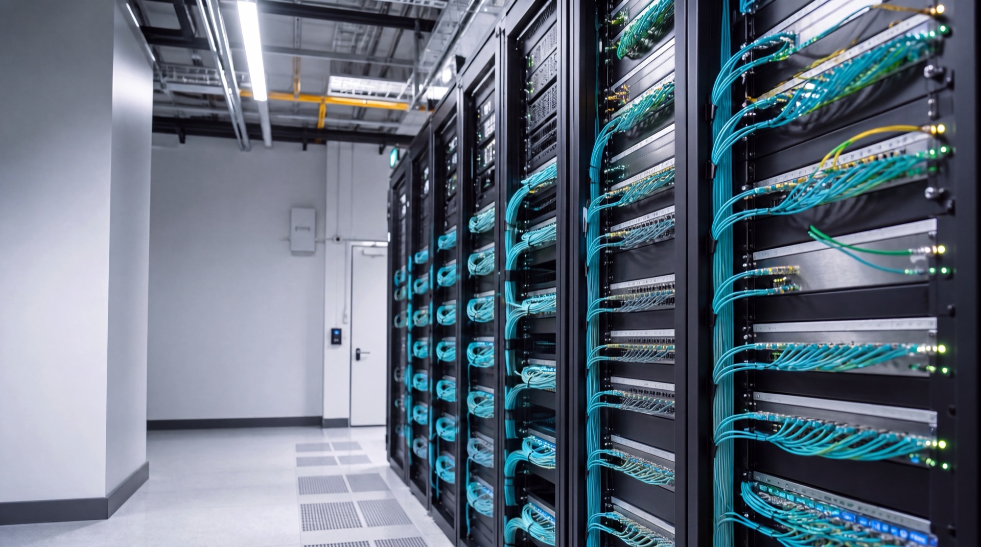 A row of network racks with neatly dressed aqua fiber patch cables in a bright equipment room.